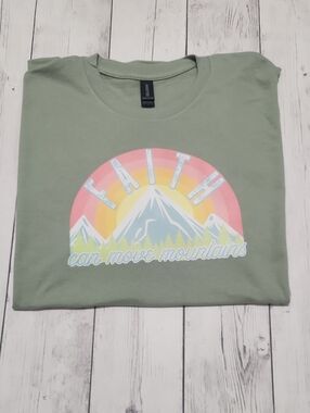 NWOT Gildan Large "Faith Can Move Mountains" Short Sleeve T Shirt Sage Green
